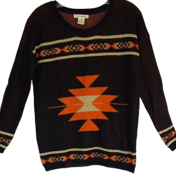 Aztec Sweater Women’s Size Small Black Orange Gold Glitter Warm Pullover - Picture 2 of 11